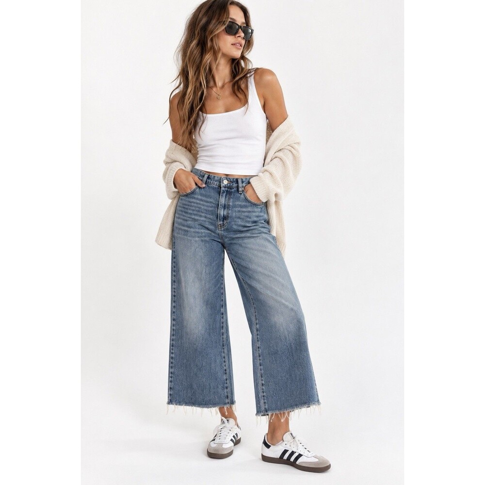 Rewash High Rise Wide Leg Cropped Jeans Raw Hem Medium Wash Size 9 Approx